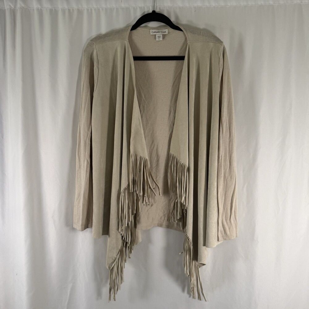 Coldwater Creek Cardigan Women Large Petite Beige Open Front Tassels Lightweight